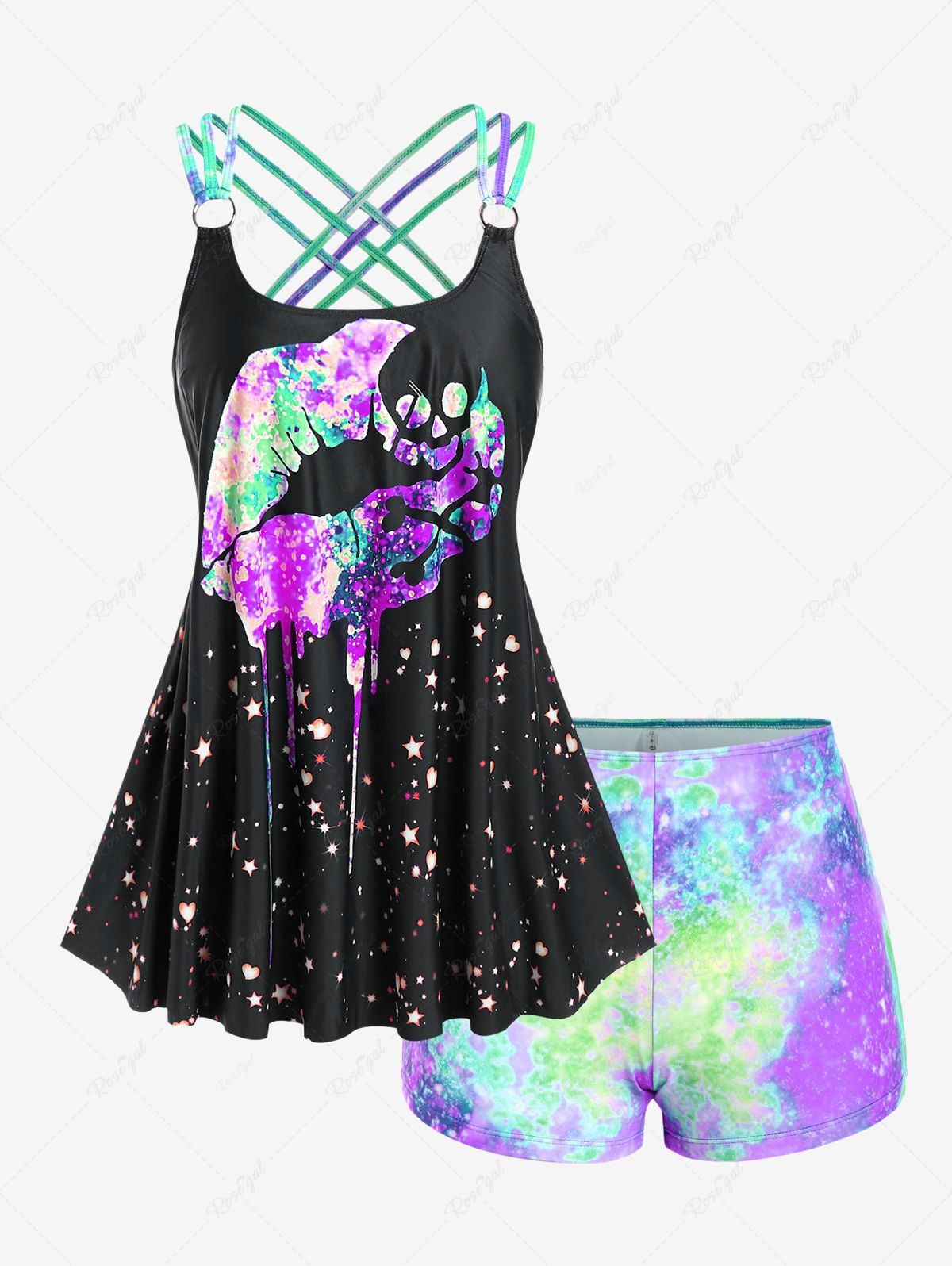 Fashion Plus Size Lip Printed Padded Boyleg Strappy Tankini Swimsuit  