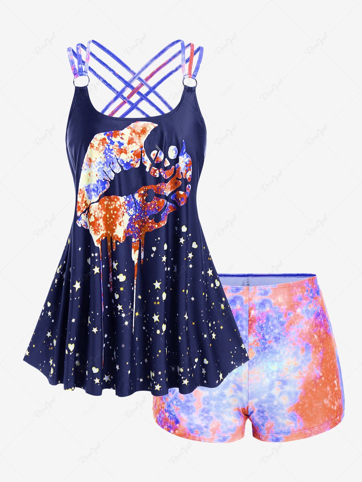 Online Plus Size Lip Printed Padded Boyleg Strappy Tankini Swimsuit  