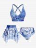 Plus Size Ethnic Printed Ombre O-ring Padded Three Piece Skirt Tankini Swimsuit -  