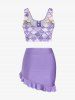 Mermaid Print Lace Up Three Piece Tankini Swimsuit -  