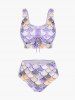 Mermaid Print Lace Up Three Piece Tankini Swimsuit -  