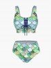 Mermaid Print Lace Up Three Piece Tankini Swimsuit -  
