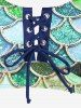 Mermaid Print Lace Up Three Piece Tankini Swimsuit -  
