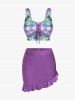 Mermaid Print Lace Up Three Piece Tankini Swimsuit -  