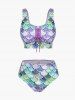 Mermaid Print Lace Up Three Piece Tankini Swimsuit -  