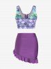 Mermaid Print Lace Up Three Piece Tankini Swimsuit -  