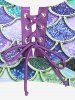 Mermaid Print Lace Up Three Piece Tankini Swimsuit -  