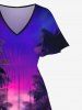 Plus Size Ombre Sky Coconut Tree Print Split Hawaii Midi Dress -  