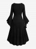 Plus Size Halloween Costume Skulls Leaf Flower Print Ruched Flare Sleeve High Low Dress -  