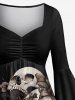 Plus Size Halloween Costume Skulls Leaf Flower Print Ruched Flare Sleeve High Low Dress -  