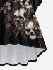 Robe Costume D'Halloween Haute Basse Crâne Fleur Imprimés Grande Taille à Manches Evasées - Noir 4X
