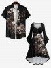 Robe Costume D'Halloween Haute Basse Crâne Fleur Imprimés Grande Taille à Manches Evasées - Noir 4X