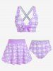 Maillot de bain tankini trois pièces rembourré avec nœud papillon en forme de cœur et bretelles croisées, grandes tailles, pour la Saint-Valentin - Violet clair 2X | US 18-20