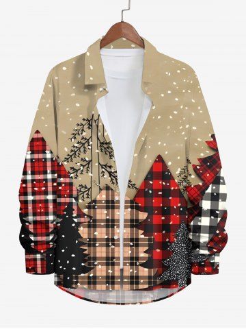 Plus Size Christmas Plaid Tree Snowflake Print Button Long Sleeves Shirt For Men - MULTI-A - L