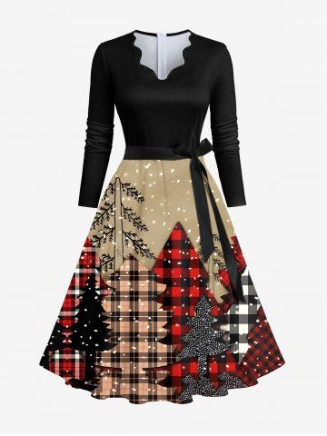 Plus Size Christmas Plaid Tree Snowflake Print Lettuce A Line Dress with Tied Belt - BLACK - 2XL