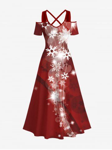 Maxi Robe de Noël Ligne A Flocon de Neige et Lumière Imprimés à Paillettes - RED - 1X