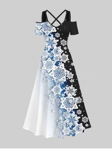 Plus Size Snowflake Print Christmas Ombre Crisscross A Line Maxi Dress - MULTI-A - XS