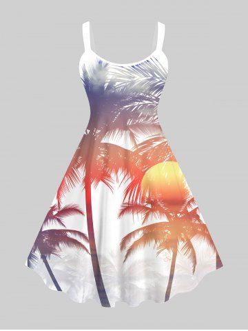 Plus Size Coconut Tree Sun Print Hawaii Tank Dress - WHITE - 2X