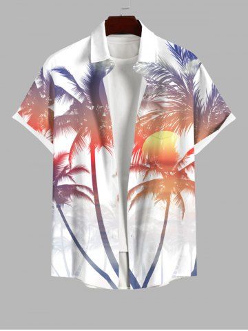 Plus Size Coconut Tree Sun Print Buttons Pocket Hawaii Shirt For Men - WHITE - S