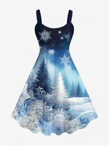 Plus Size Christmas Tree Snowflake Floral Ombre Print Tank Dress - SKY BLUE - XS