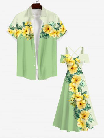 Tenue de Plage Hawaiien Contrastante Imprimé Feuilles et Fleurs Tropicales Grande Taille pour Couples - GREEN