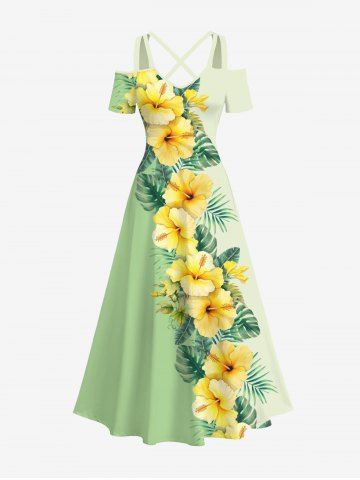 Plus Size Tropical Leaf Hibiscus Flowers Colorblock Print Cold Shoulder Crisscross Hawaii Maxi Dress - GREEN - XS