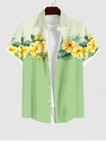 Plus Size Tropical Leaf Hibiscus Flowers Colorblock Print Buttons Pocket Hawaii Shirt For Men - GREEN - 3XL