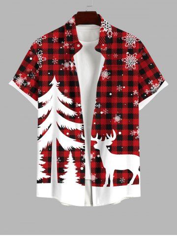 Plus Size Christmas Tree Elk Snowflake Plaid Print Button Pocket Shirt For Men - RED - S