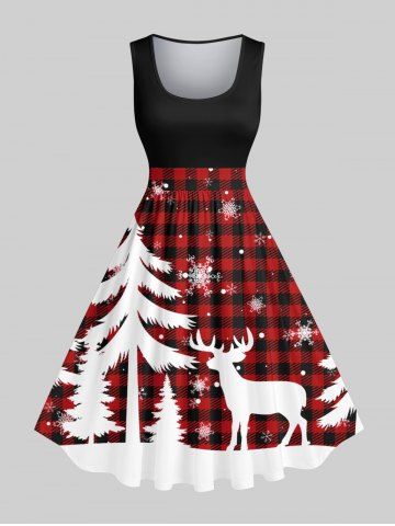 Plus Size Christmas Tree Elk Snowflake Plaid Print Vintage Swing A Line Dress - RED - 2X