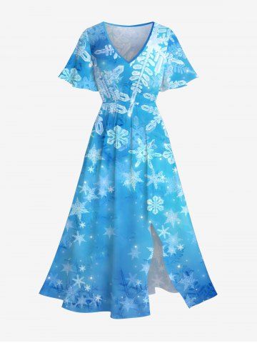 Plus Size Christmas Snowflake Tie Dye Ombre Print Split Midi Dress - BLUE - S