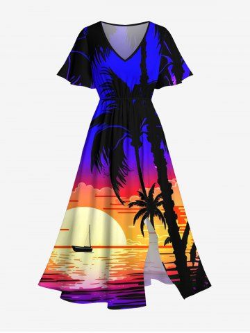 Robe Hawaïen Mi-Longue Fendue Cocotier et Coucher de Soleil Imprimés de Grande Taille - BLUE - S