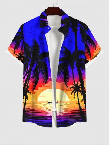 Chemise Hawaiienne Imprimé Cocotier et Coucher de Soleil avec Poche Grande Taille pour Homme - BLUE - L