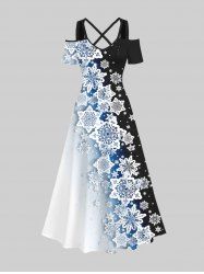Plus Size Snowflake Print Christmas Ombre Crisscross A Line Maxi Dress -  