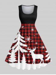 Robe Trapèze Vintage Imprimé Sapin de Noël et Flocons de Neige Grande Taille - Rouge 5X