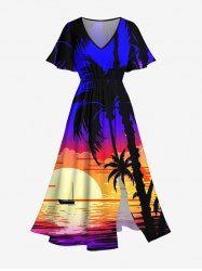 Plus Size Coconut Tree Sunset Sea Print Split Hawaii Midi Dress -  