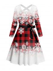 Christmas Plaid Snowflake Ombre Print Belted Long Sleeve Dress -  