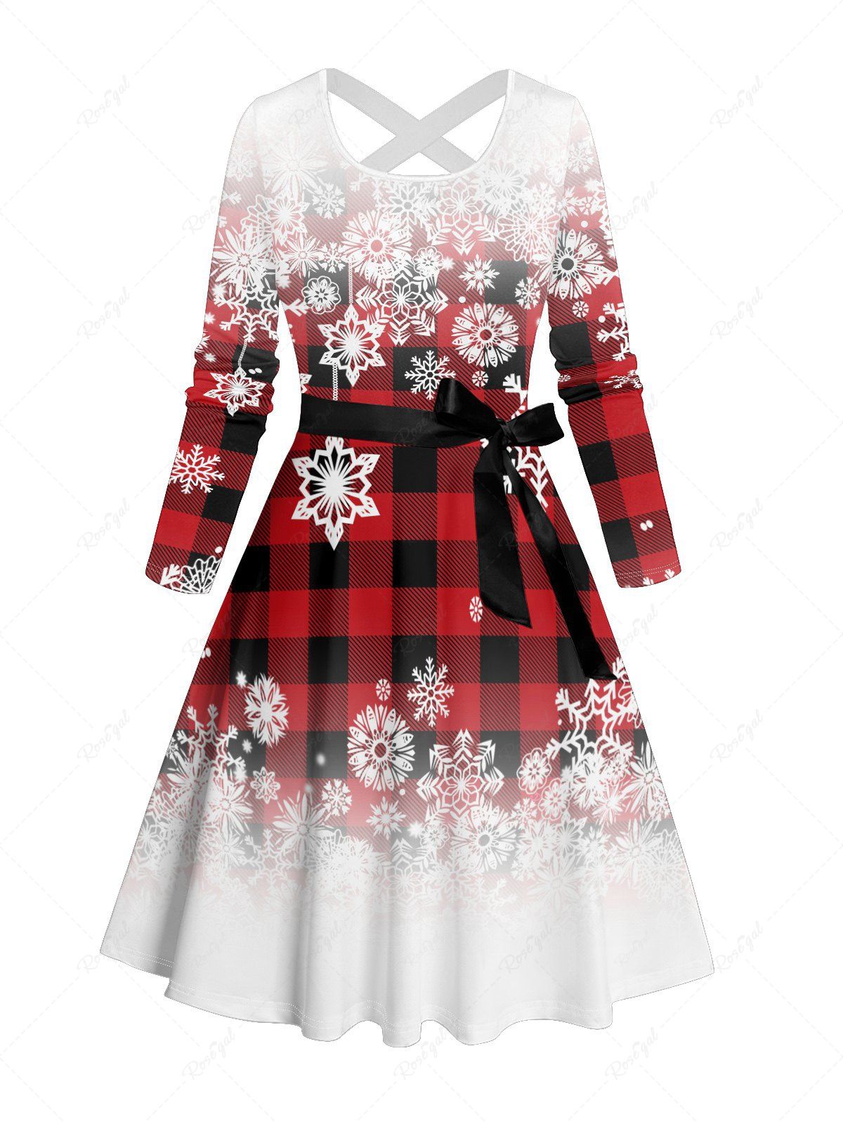 Outfits Christmas Plaid Snowflake Ombre Print Belted Long Sleeve Dress  
