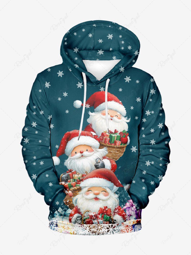 Sweat à Capuche Père Noël Cadeau et Flocon de Neige Imprimés de Grande Taille avec Poche à Manches Longues Vert XL