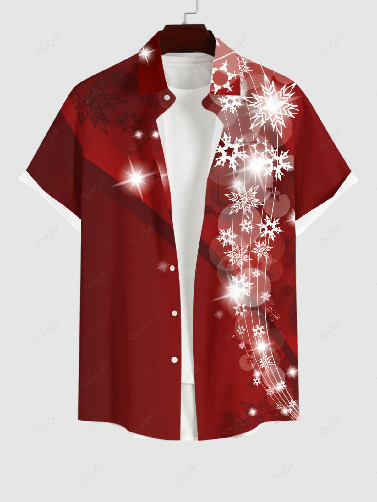 Chemise à Boutons avec Poche Kangourou et à Imprimé Etoiles Lumineuses et Flocons de Neige pour Hommes Grande-Taille Rouge L