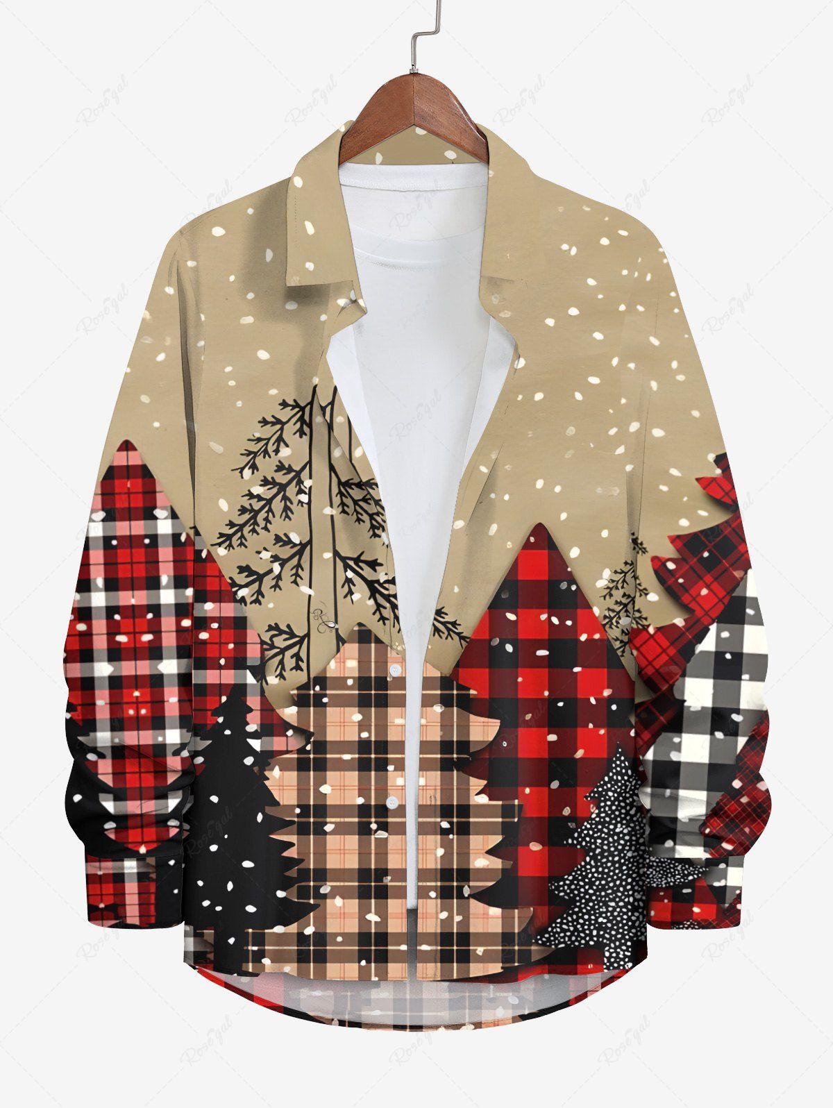 Shop Plus Size Christmas Plaid Tree Snowflake Print Button Long Sleeves Shirt For Men  
