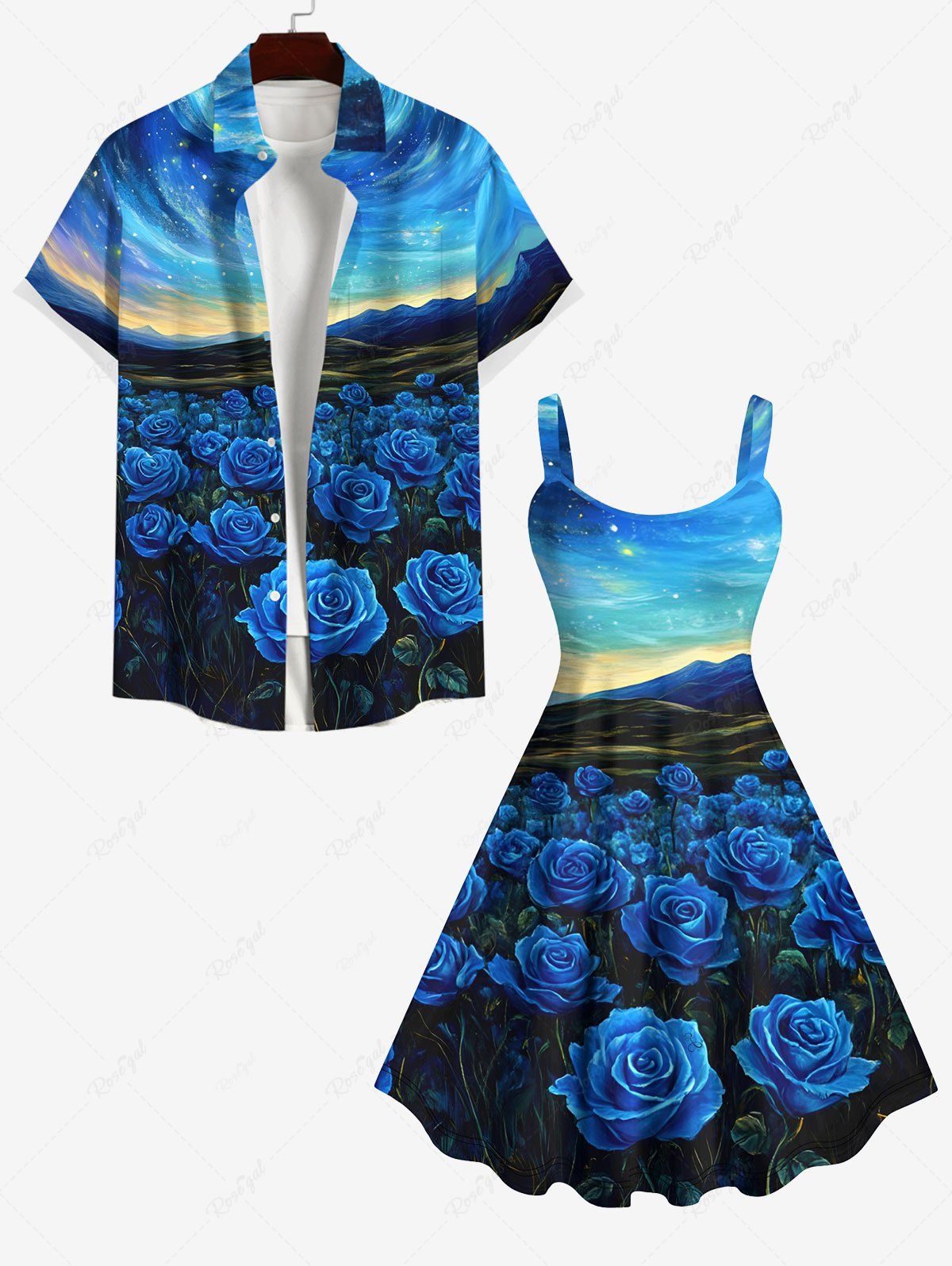 Tenue de Plage à Imprimé Roses Peintes et Spirale sur la Plage pour Couples Grande-Taille Bleu Ciel 