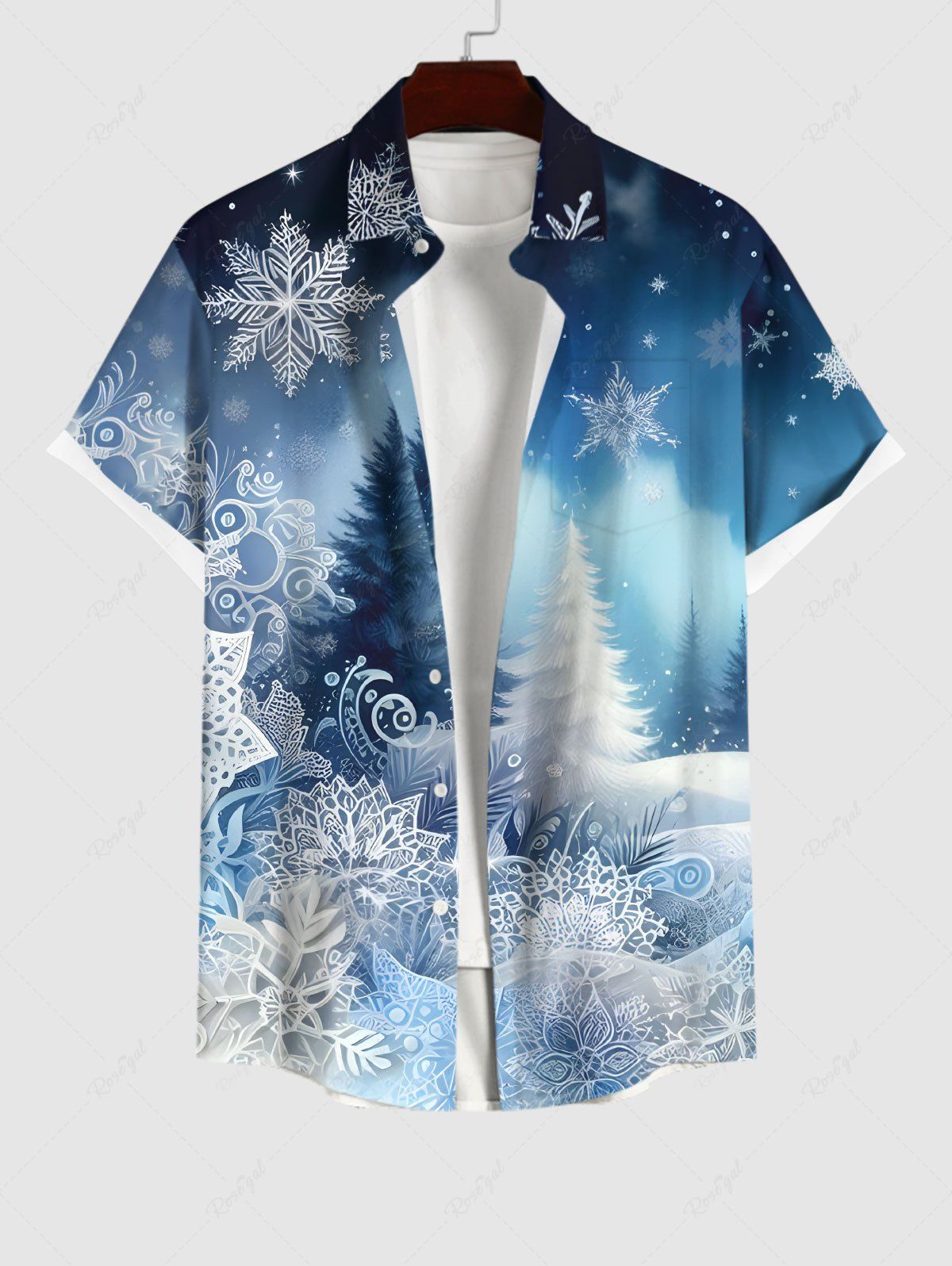 Chemise Ombre à Boutons avec Poche Imprimé Sapins de Noël et Flocons de Neige Grande Taille pour Hommes Bleu 3XL