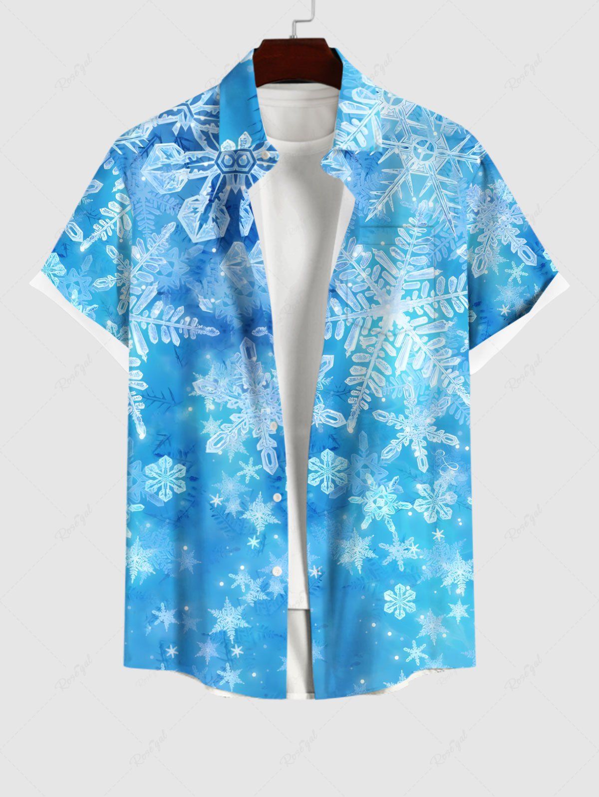 Chic Plus Size Christmas Snowflake Tie Dye Ombre Print Buttons Pocket Shirt For Men  