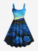 Tenue de Plage à Imprimé Roses Peintes et Spirale sur la Plage pour Couples Grande-Taille - Bleu Ciel 