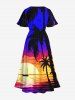 Plus Size Coconut Tree Sunset Sea Print Split Hawaii Midi Dress -  