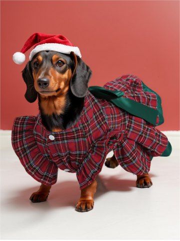 Pet's Plaid Printed Bowknot Layered Ruffles Button Christmas Dress - RED - S