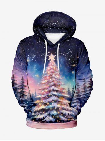 Plus Size Christmas Tree Galaxy Star Glitter Light Beam 3D Print Pocket Drawstring Hoodie For Men - MULTI-A - 8XL
