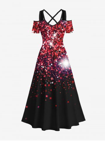 Maxi Robe de Noël Croisée Etoile Brillante 3D Imprimée de Grande Taille à Epaule Dénudée - BLACK - XS