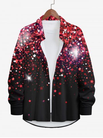 Plus Size Christmas Star Glitter Light Beam 3D Print Buttons Pocket Long Sleeves Shirt For Men - BLACK - 6XL