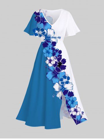 Plus Size Colorblock Tripical Hibiscus Flower Print Split Hawaii Midi Dress - MULTI-A - L